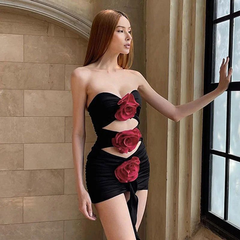 Instant Savings Ruched Choker Neck Cut Out Strapless Bodycon Mini Dress - Black