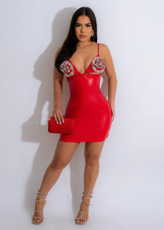 Get It Now Flowers Diamonds Faux Leather Mini Dress Red