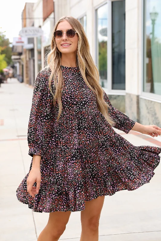 Hot Sale Items Gorgeous Outcome Black Floral Tiered Mini Dress