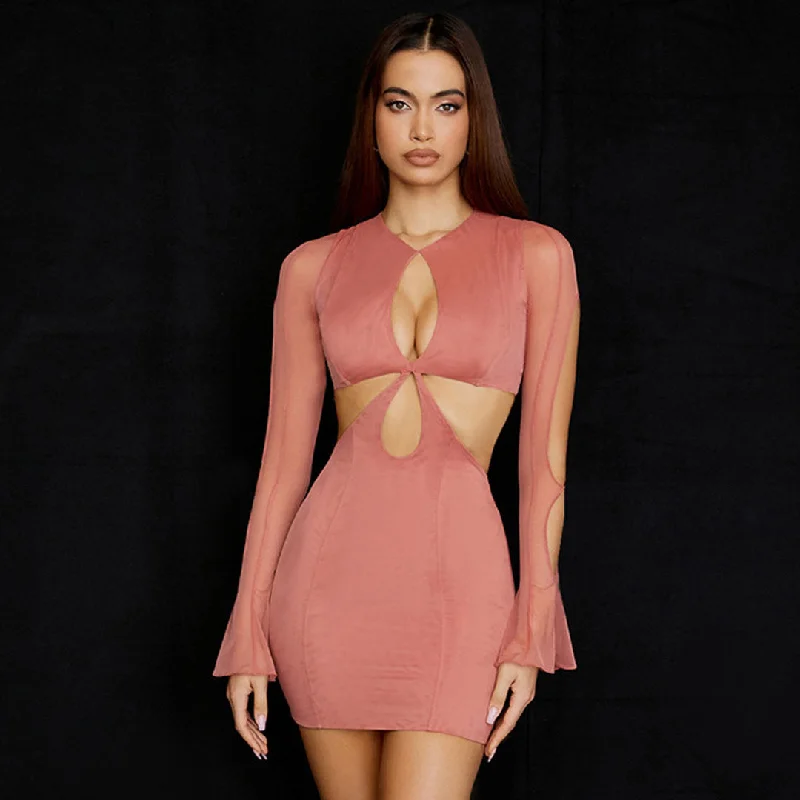 Deal Frenzy Round Neck Long Sleeve Cut Out Bodycon Mini Dress - Coral Pink