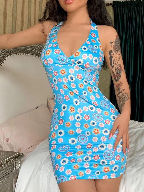 Exclusive Pricing Halter Floral Print Bodycon Mini Dress