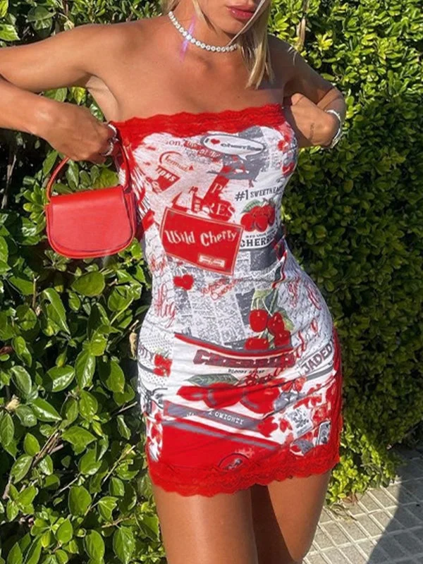 Weekend Only Sale Lace Trim Split Strapless Bodycon Mini Dress