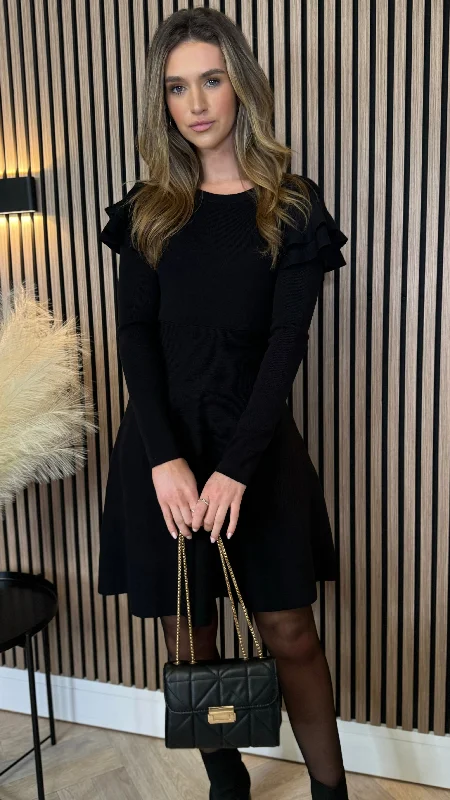 Limited Edition Leighton Black Frill Shoulder Detail Kint Mini Dress
