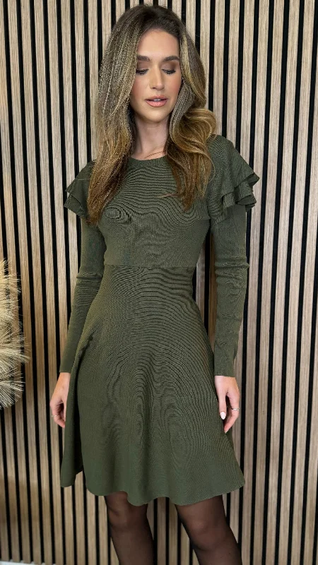 Weekend Big Discount Event Leighton Khaki Frill Shoulder Detail Kint Mini Dress