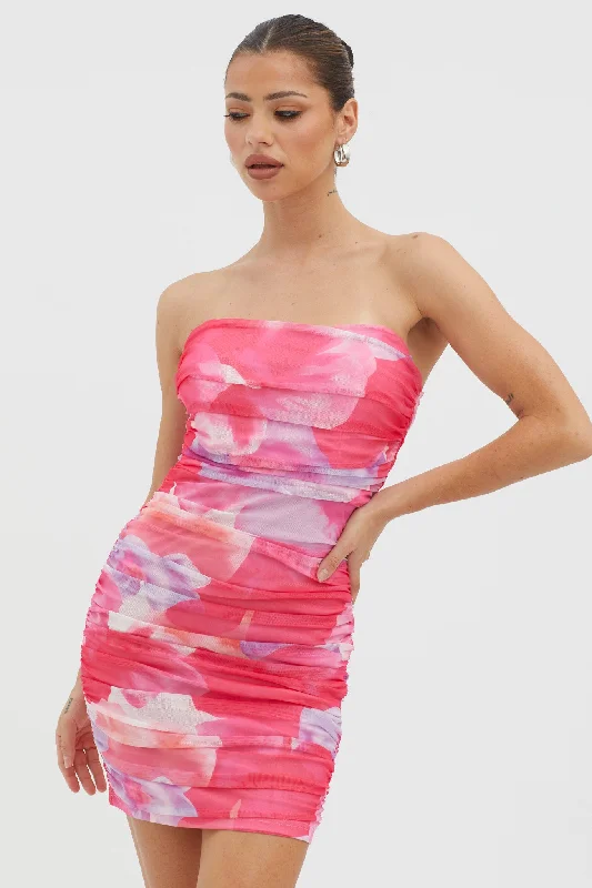 Logan Strapless Ruched Dress Floral Pink