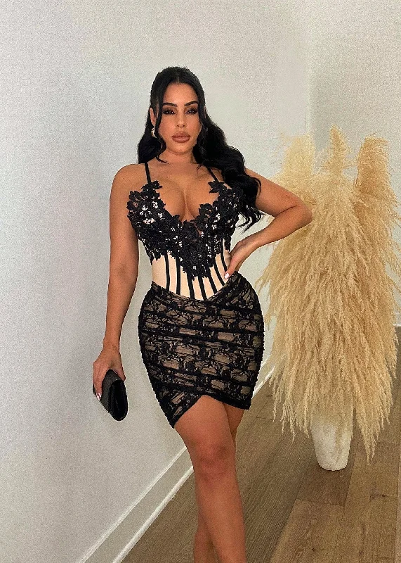 Weekend Flash Offers Love Couple Lace Bandage Mini Dress Black