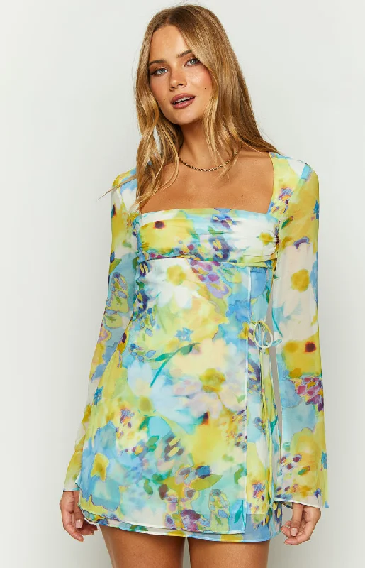 Weekend Steals and Deals Lucy Blue Floral Long Sleeve Mini Dress