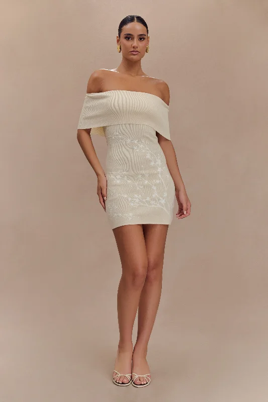 Mallory Off Shoulder Embroidered Knit Mini Dress - Cream And Ivory