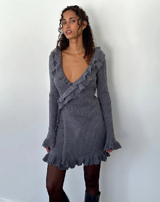 Weekend Mega Deals Marianna Long Sleeve Knitted Mini Dress in Dark Grey