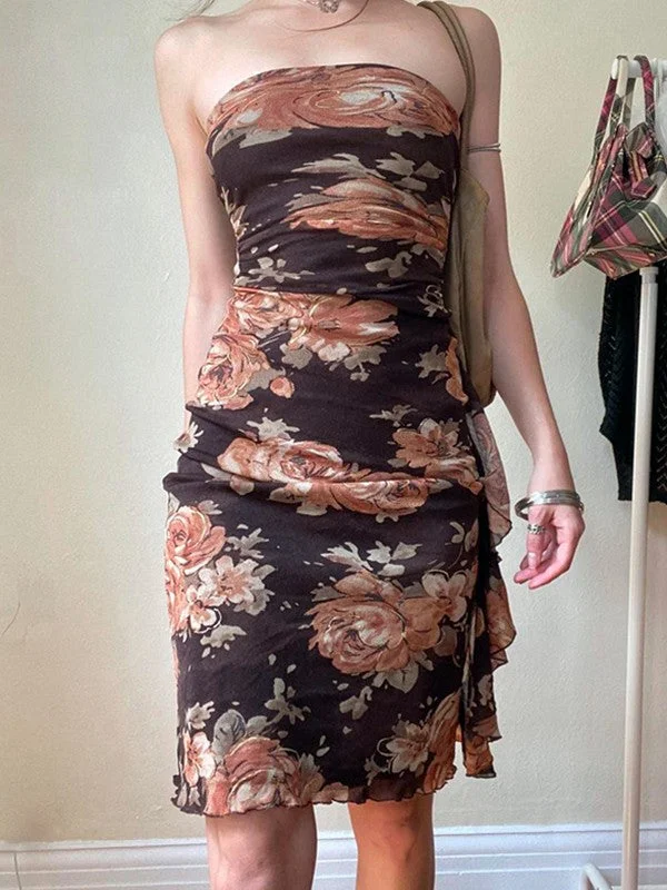 Shop & Save Big Mesh Floral Bandeau Mini Dress