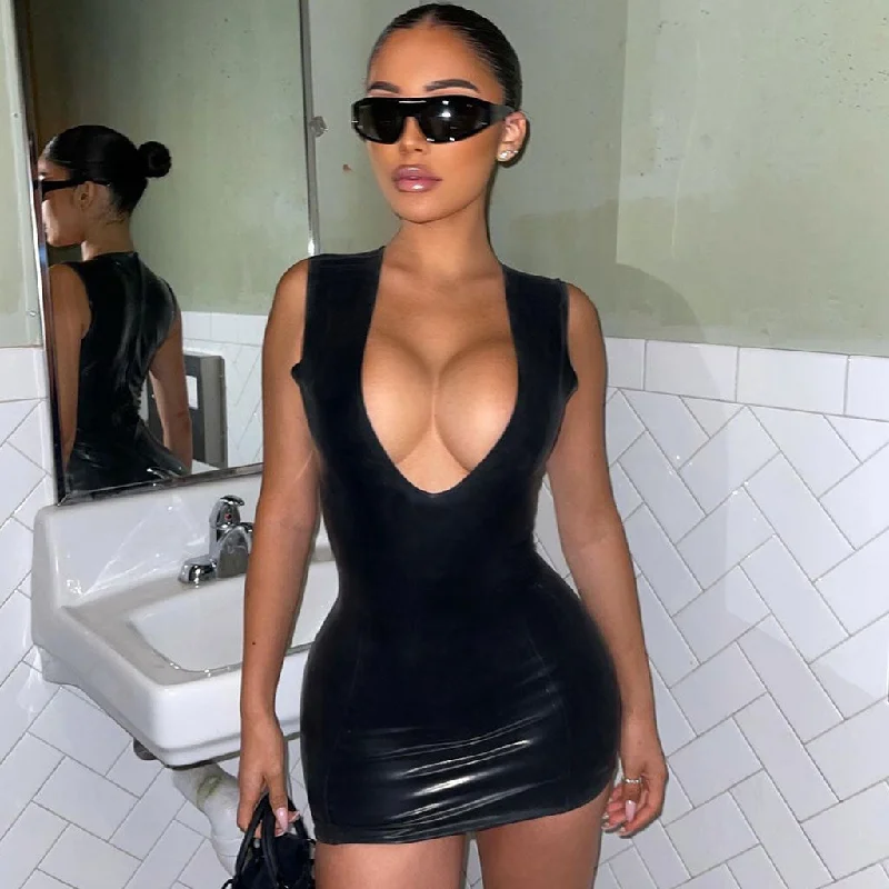 Price Slash Alert Deep V Neck Sleeveless Bodycon Club Mini Dress - Black