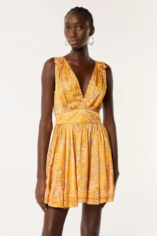Weekend Hot Offers Mini Dress Bessie - Yellow Oriental Foulard