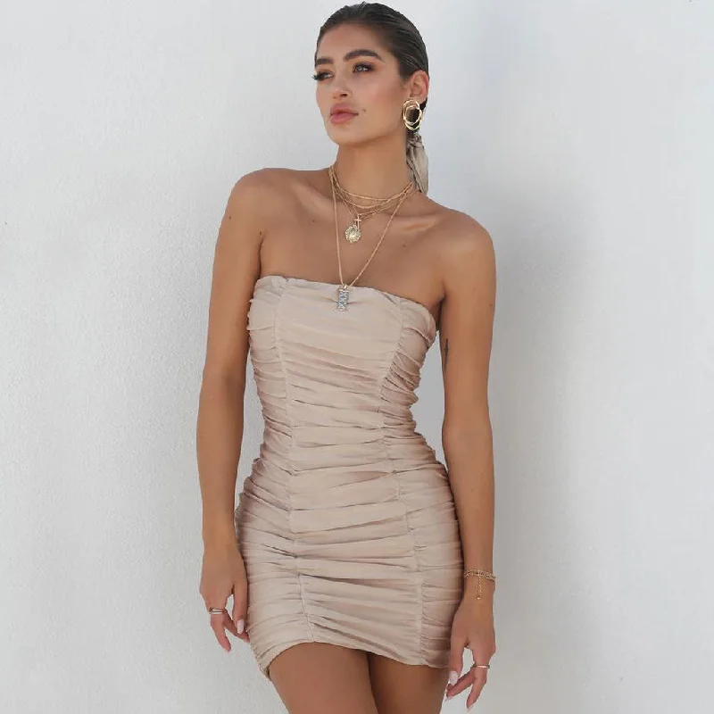Limited Time Only Strapless Ruched Bodycon Party Mini Dress - Khaki