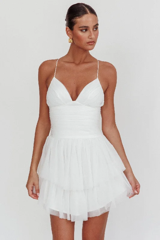 Weekend Price Drop Frenzy Nightingale Ruched Mesh Mini Dress White