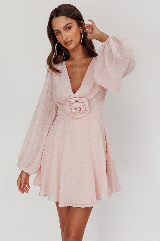 Weekend Bargain Bonanza Open Heart Long Sleeve Rosette Mini Dress Baby Pink