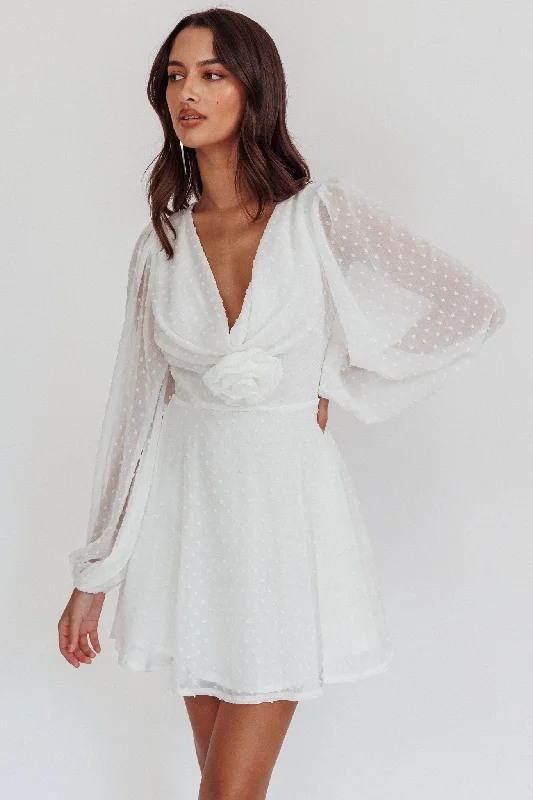 Weekend Price Drop Event Open Heart Long Sleeve Rosette Mini Dress White