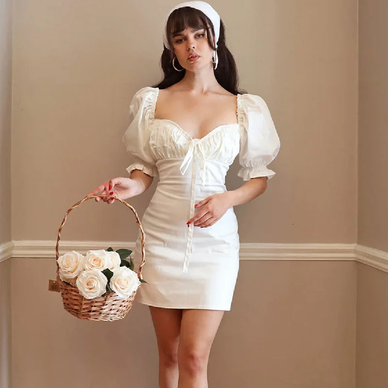 Weekend Exclusive Discounts Pretty Puff Sleeve Ruched V Neck Bodycon Mini Dress - White Weekend Exclusive Discounts Pretty Puff Sleeve Ruched V Neck Bodycon Mini Dress - White