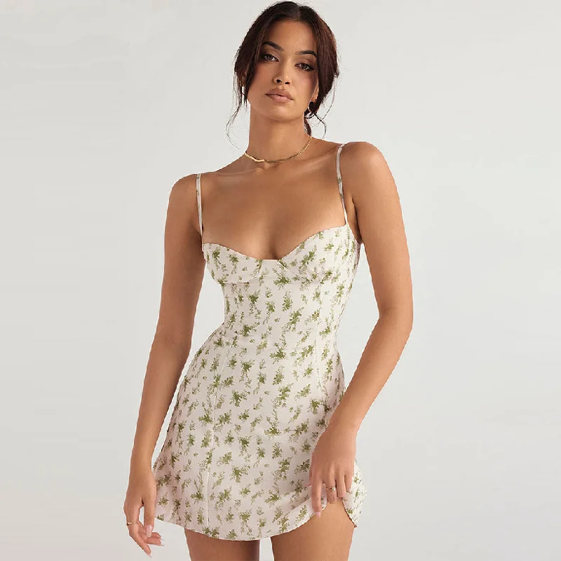 Hot Savings Alert Refreshing Floral Printed Sweetheart Neck Slip Summer Mini Dress - White