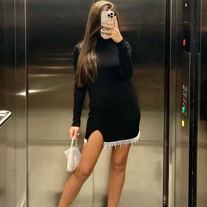 Massive Price Cuts Ribbed Knit Crystal Fringe Long Sleeve Crew Neck Sweater Mini Dress - Black