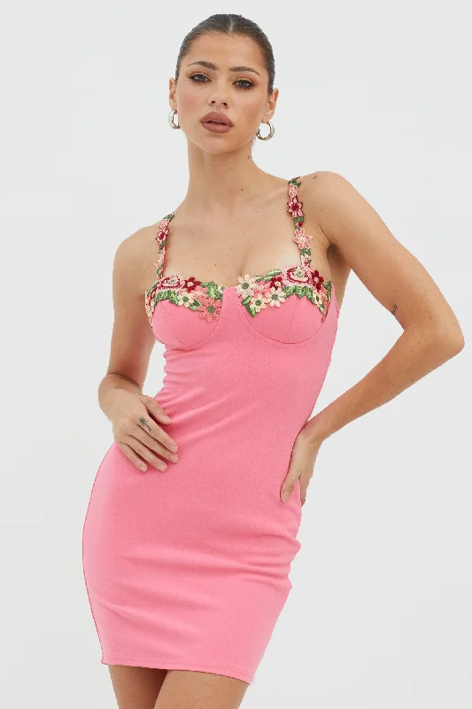 Weekend Deals Rose Garden Floral Applique Bodycon Mini Dress Hot Pink