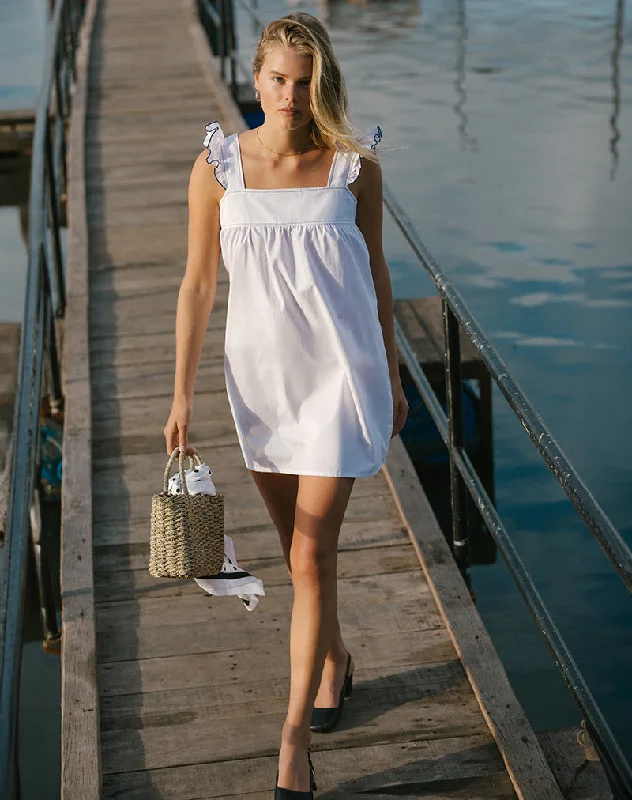 Weekend Price Slash Day Sanaly Mini Dress in White with Navy Babylock