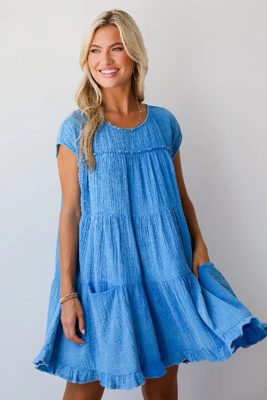 End-of-Season Sale FINAL SALE - Serene Date Blue Linen Tiered Mini Dress