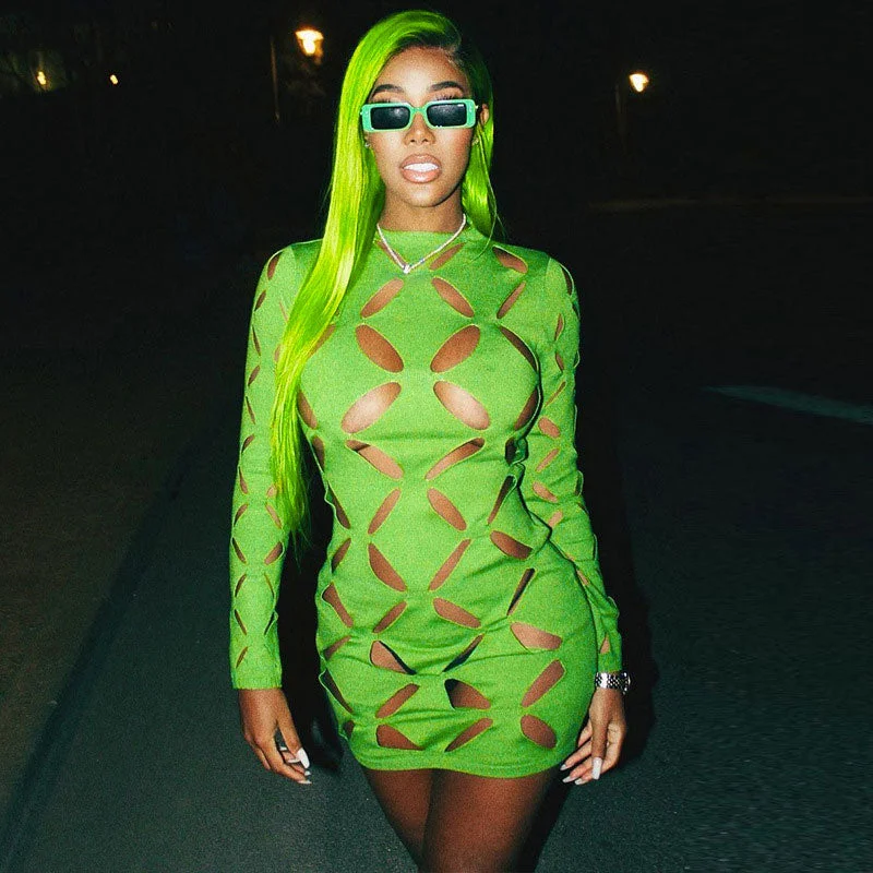 Weekend Markdowns Cut Out Crew Neck Long Sleeve Bodycon Party Mini Dress - Green