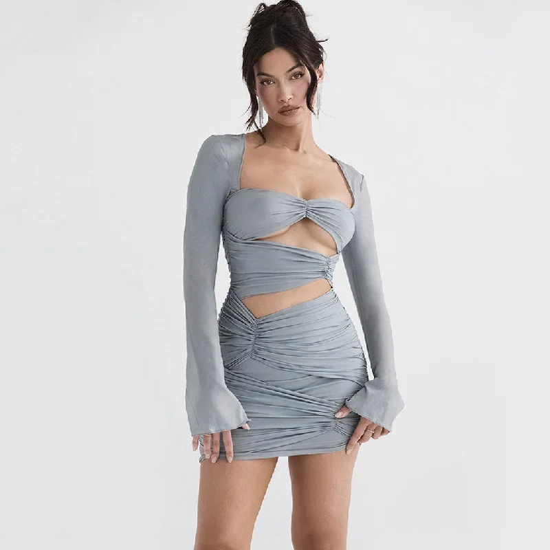 Weekend Deals You’ve Been Waiting For Ruched Cut Out Wrap Trim Long Sleeve Bodycon Party Mini Dress - Gray Weekend Deals You’ve Been Waiting For Ruched Cut Out Wrap Trim Long Sleeve Bodycon Party Mini Dress - Gray