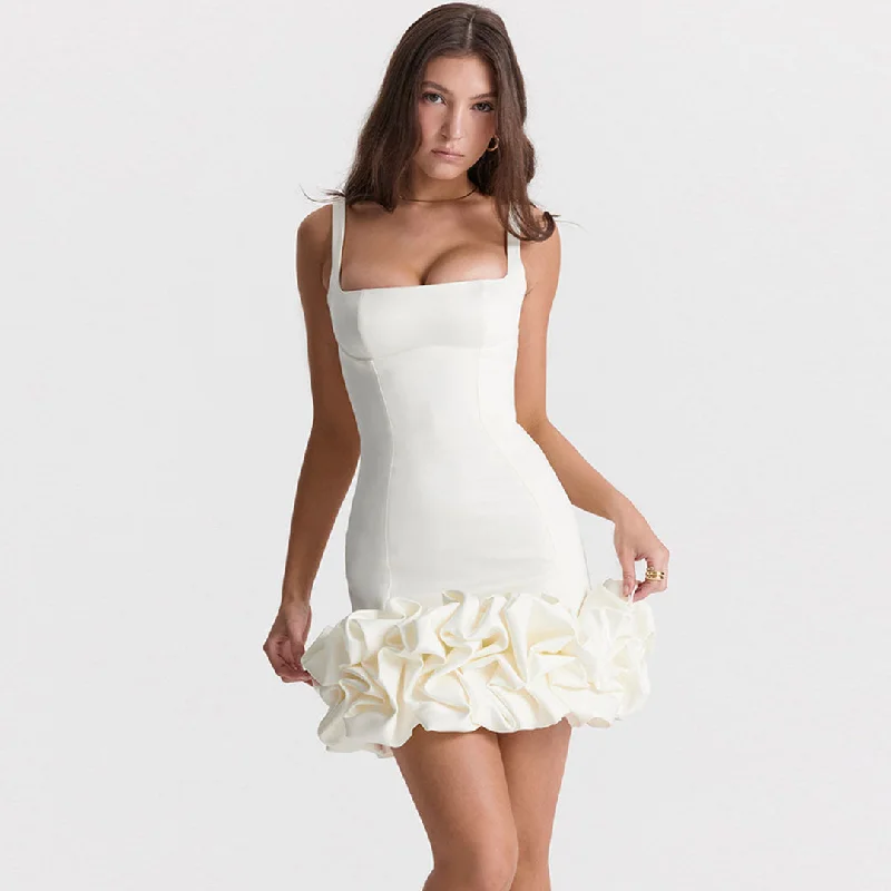 Weekend Offers You Can’t Miss Ruffle Hem Square Neck Sleeveless Bodycon Party Mini Dress - White