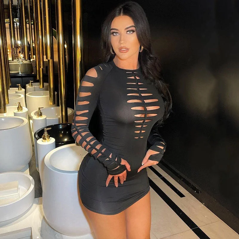 Weekend Clearance Event Slashed Ladder Cut Out Crew Neck Long Sleeve Bodycon Mini Dress - Black