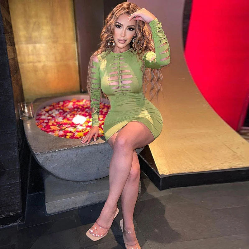 Weekend Price Breaks Slashed Ladder Cut Out Crew Neck Long Sleeve Bodycon Mini Dress - Green