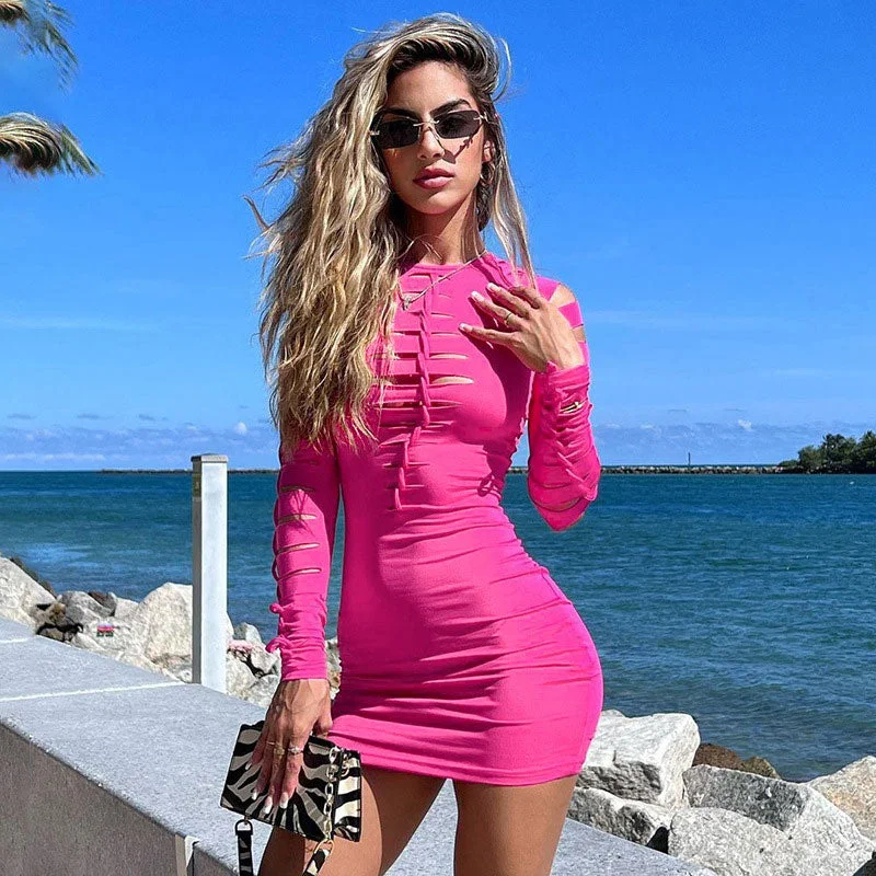 Weekend Steals and Deals Slashed Ladder Cut Out Crew Neck Long Sleeve Bodycon Mini Dress - Hot Pink
