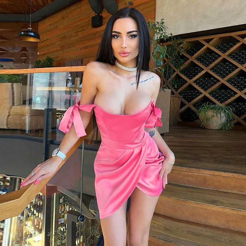 Weekend Bargain Blast Solid Color Tie Strap Ruched Wrap Trim Bodycon Mini Dress - Pink