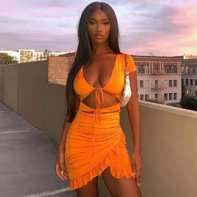 Weekend Special Sale V Neck Floss Strap Ruched Bodycon Party Mini Dress - Orange