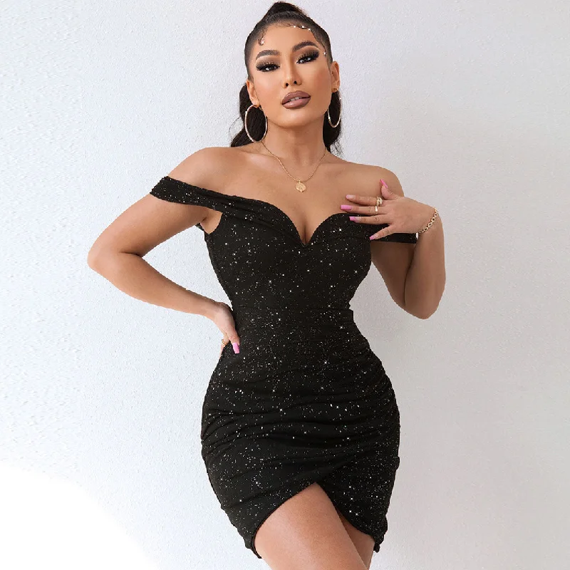 Weekend Special Offers Shimmery Ruched Wrap Trim Off Shoulder Bodycon Party Mini Dress - Black