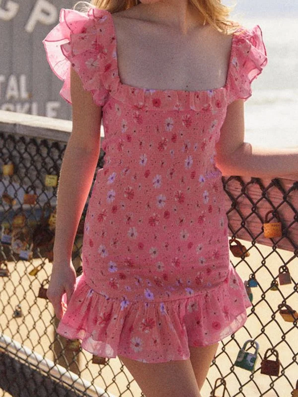 Weekend Special Bargains Shirred Ruffle Floral Mini Dress
