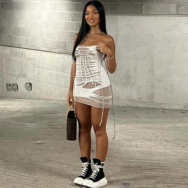 Weekend Super Savings Slashed Strappy Ladder Cutout Bodycon Strapless Club Mini Dress - White