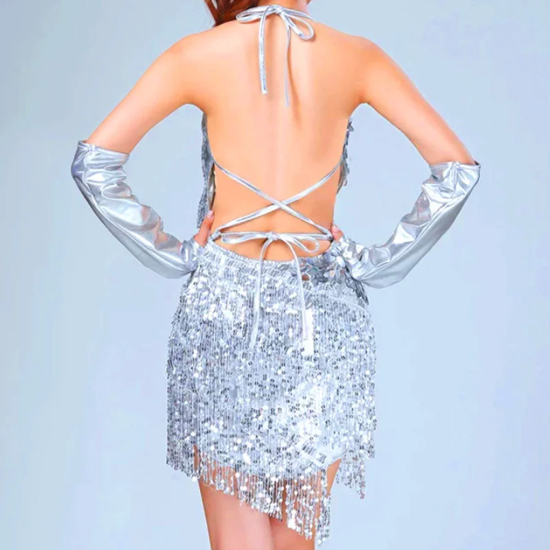 Weekend Flash Sale Sparkly Halter V Neck Bodycon Tassel Sequin Mini Dress - Silver