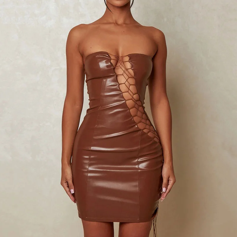 Weekend Special Shopping Event Sultry Strapless Lace Up Cut Out Bodycon Club Mini Dress - Brown
