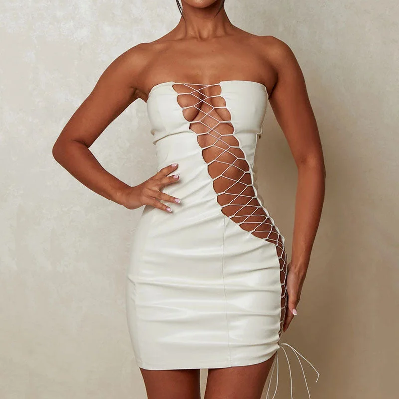 Weekend Deal Rush Sultry Strapless Lace Up Cut Out Bodycon Club Mini Dress - White