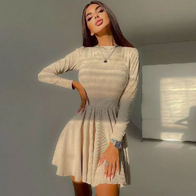 Weekend Special Offers Sweet Rib Knit Cut Out Back Long Sleeve Skater Mini Dress - Apricot
