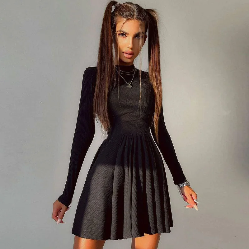 Weekend Shopping Spree Sweet Rib Knit Cut Out Back Long Sleeve Skater Mini Dress - Black
