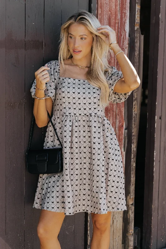 Taupe Puff Sleeve Bow Print Mini Dress