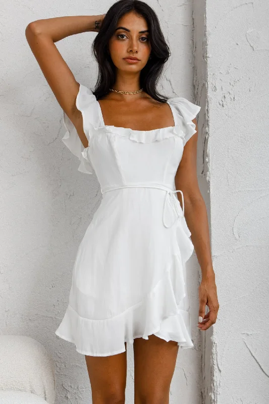Weekend Steals Thinkin' Bout You Ruffle Trim Waist-Tie Dress White