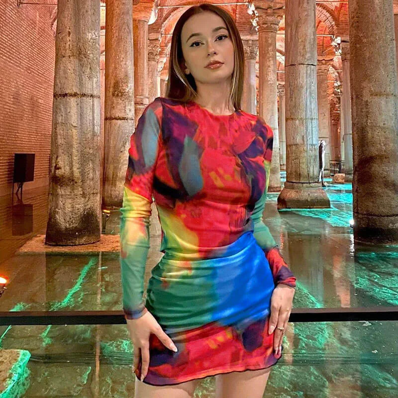 Weekend Markdowns Galore Tie Dye Crew Neck Long Sleeve Cut Out Bodycon Mini Dress - Multicolor Weekend Markdowns Galore Tie Dye Crew Neck Long Sleeve Cut Out Bodycon Mini Dress - Multicolor