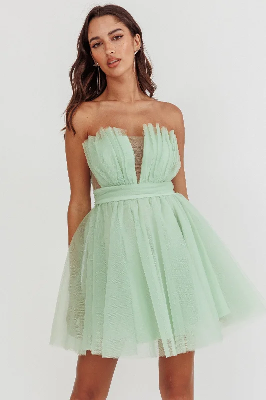 Limited Edition Touch The Stars Gathered Mesh Mini Dress Sage