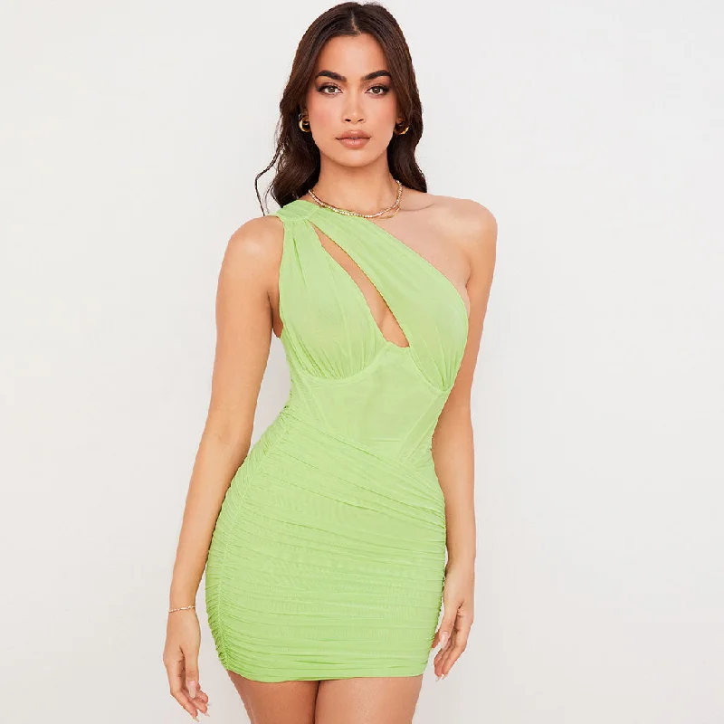 Unbeatable Flash Deals Trendy One Shoulder Cut Out Ruched Mesh Party Mini Dress - Green