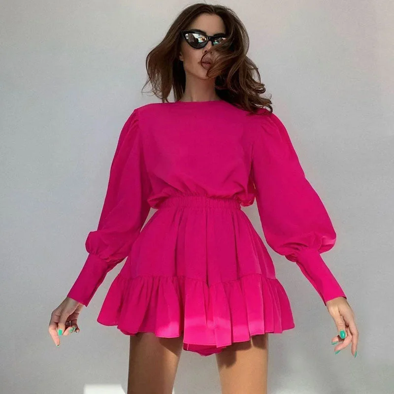 Grab Your Deal Trendy Puff Sleeve Gathered Waist Ruffle Smock Mini Dress - Hot Pink