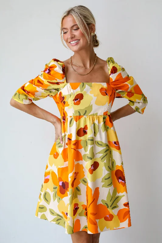 Weekend Deal Fever FINAL SALE - Unique Blooms Orange Floral Babydoll Mini Dress