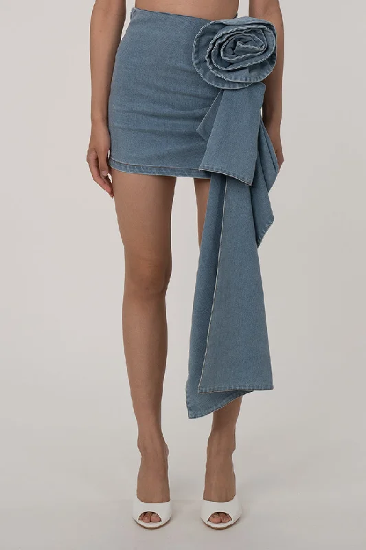 Weekend Wonders Asymmetric Drape 3D Rosette High Waist Bodycon Faded Denim Mini Skirt